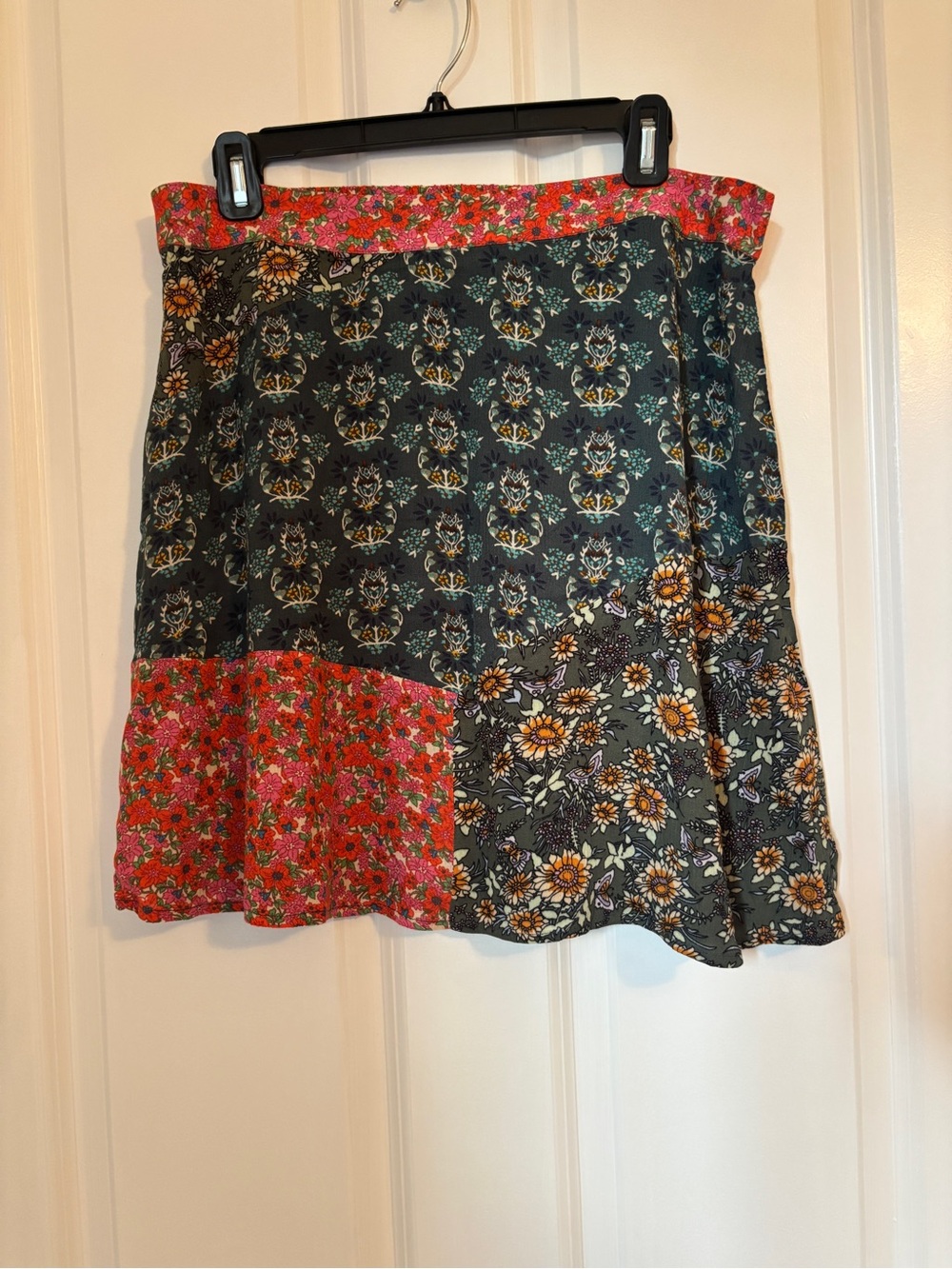 Floral Patchwork A-Line Skirt in Green and Red
